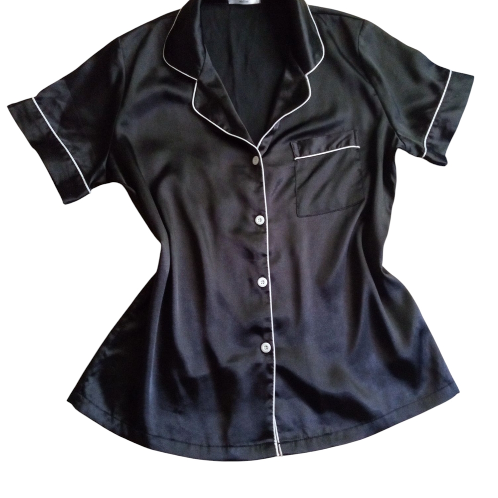 Black Satin Pajama Top with Notched Collar and Tailored Fit